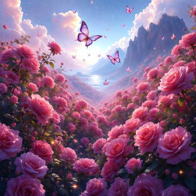 Primary subject: Pink flowers
Setting/background: A mountain range with clouds in the background
Visual style: Digital art
Colors and mood: Pink flowers with a soft, romantic atmosphere